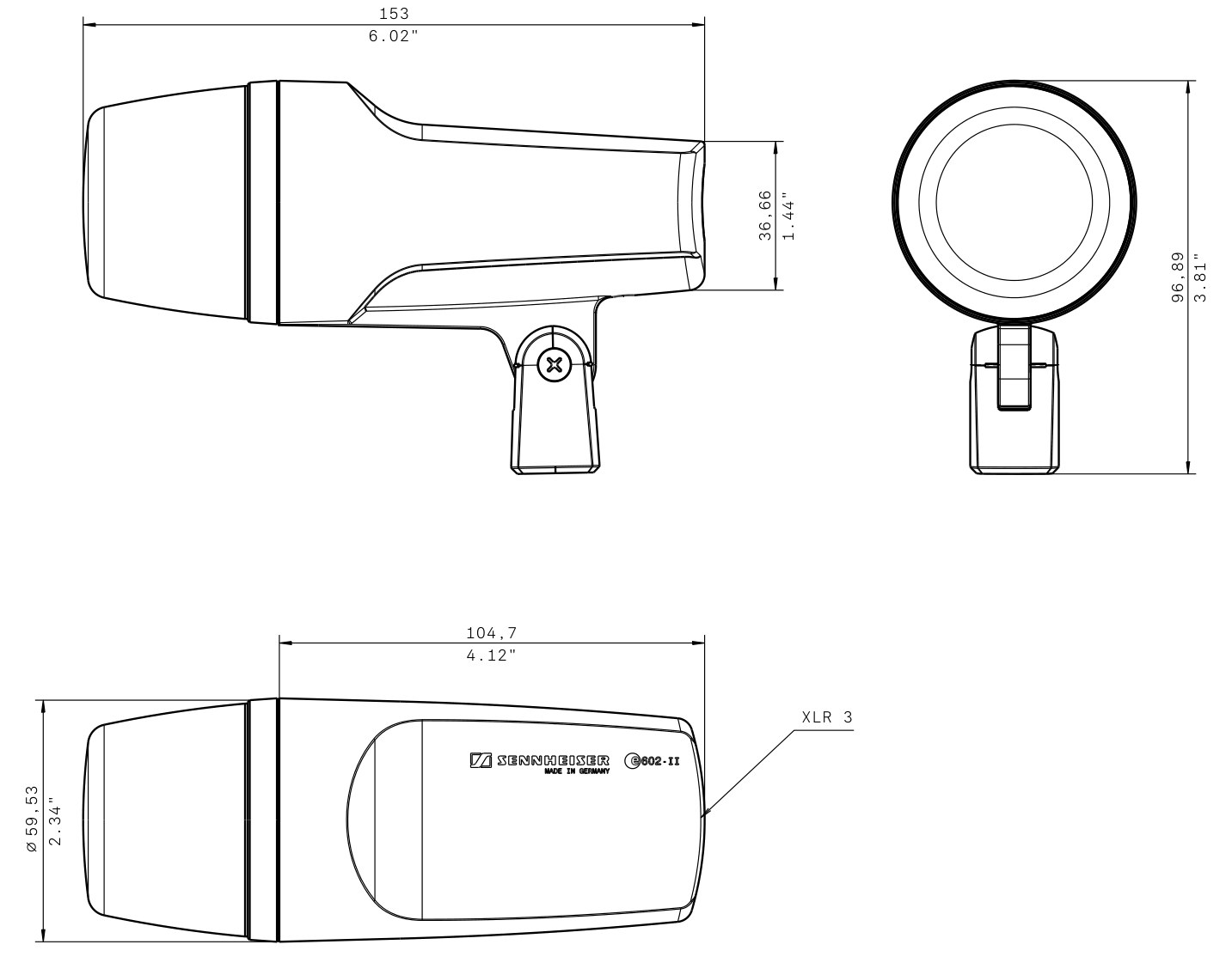 Dibujo técnico con dimensiones Micrófono dinámico de diafragma grande e 602-II