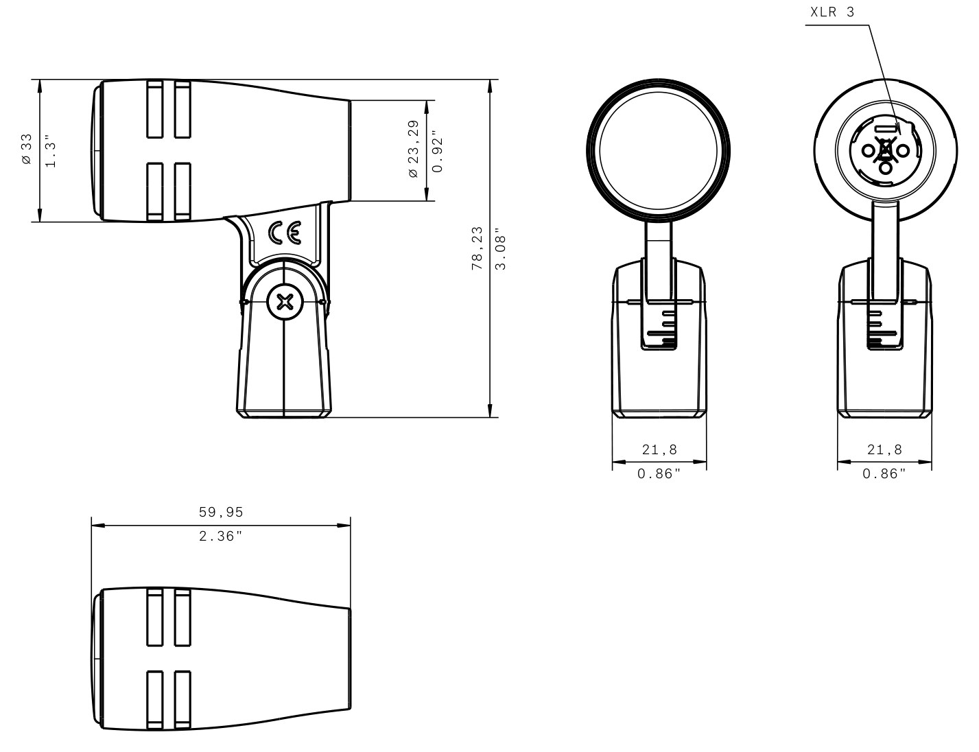 Dibujo técnico con dimensiones Micrófono dinámico de instrumento e 604
