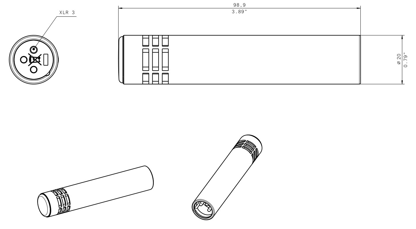 Dibujo técnico con dimensiones Micrófono de condensador de instrumento e 614