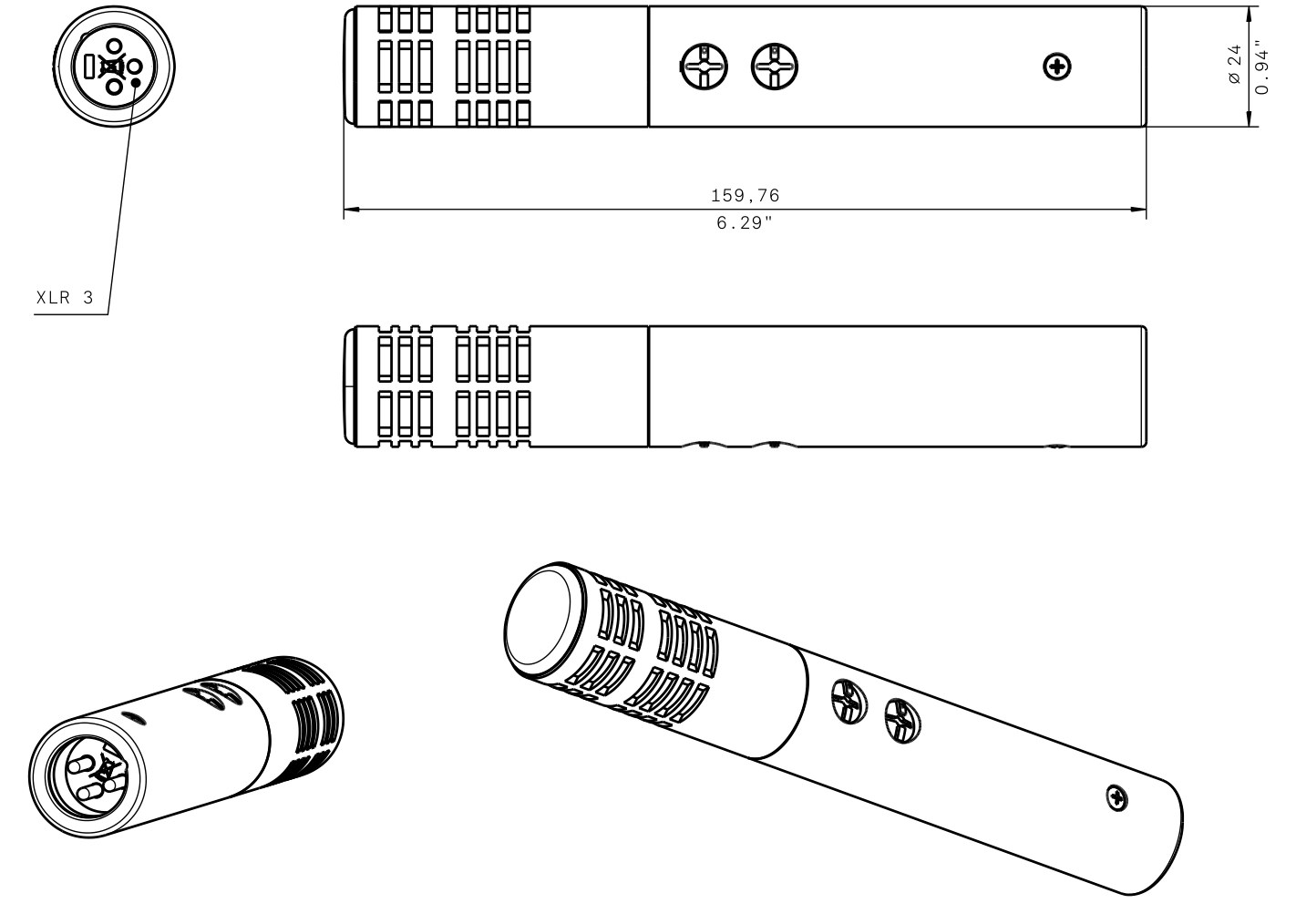 Dibujo técnico con dimensiones Micrófono de condensador de instrumento e 914