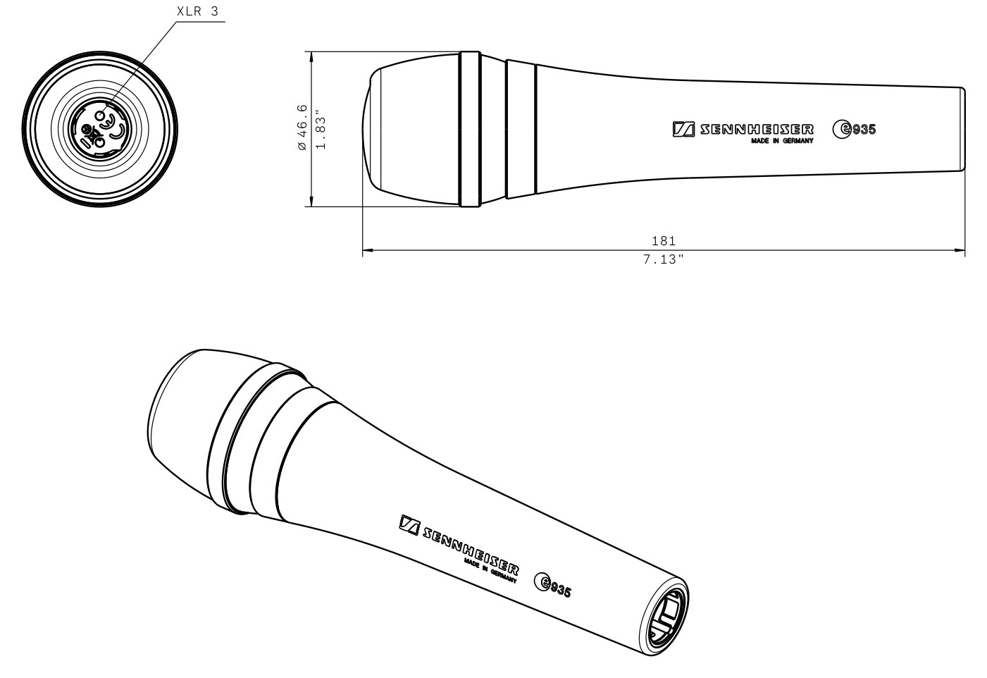 Dibujo técnico con dimensiones Micrófono dinámico e 935