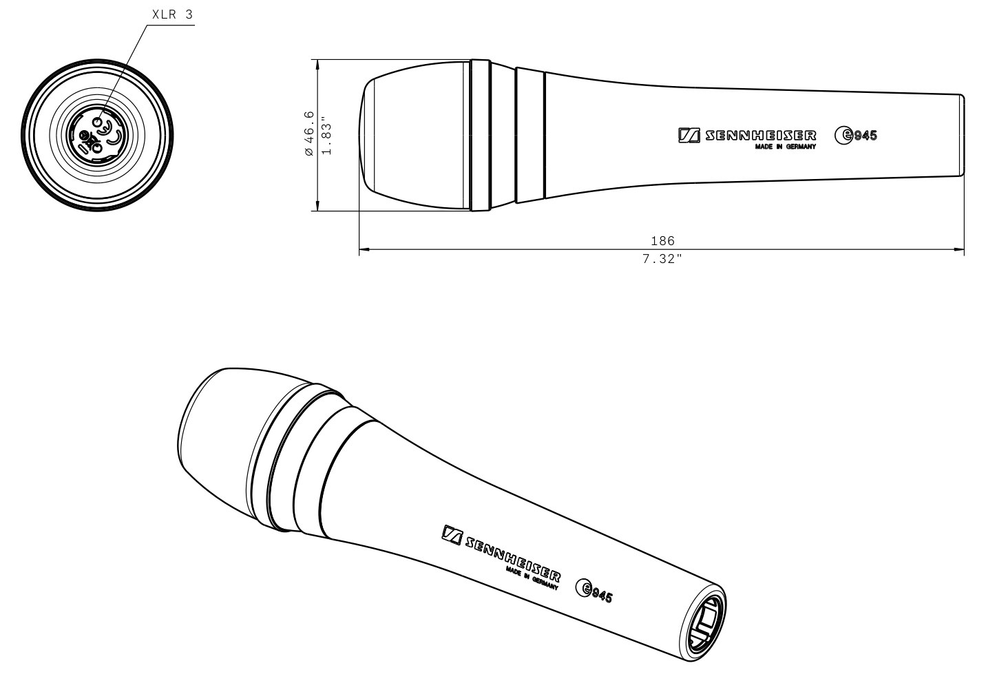 Dibujo técnico con dimensiones Micrófono dinámico e 945