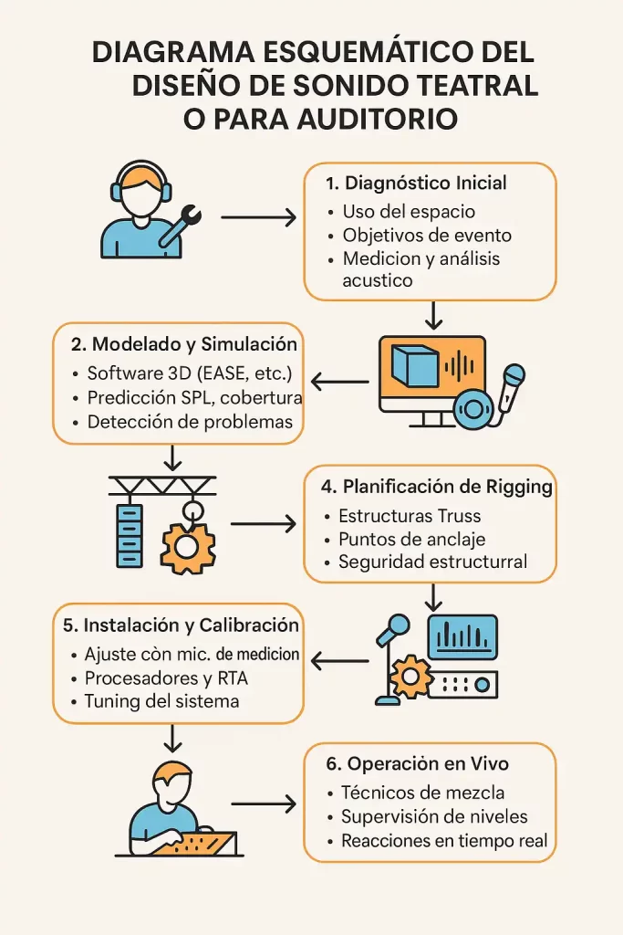 Qué es el Diseño de Sonido: La Guía Técnica para Crear Experiencias Inmersivas Qué es el diseño de sonido Diagrama Esquemático del diseño de sonido teatral o para auditorio 2025